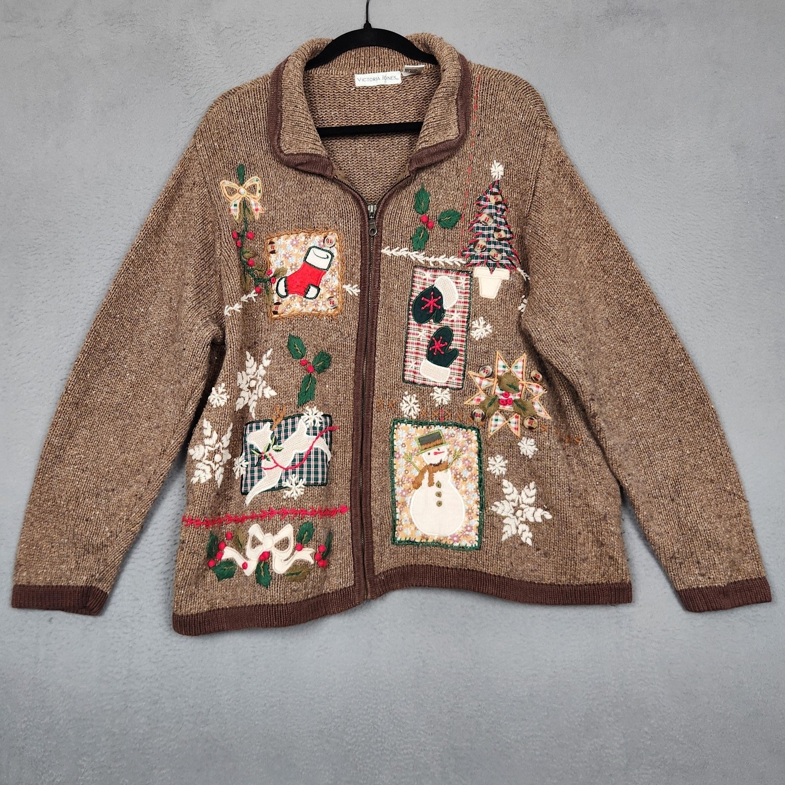 Victoria Jones Sweater Womens Xl Brown Christmas Zip Cardigan Snowman Tree